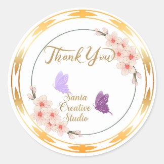Elegant Cherry Blossom & Purple Butterflies Thank  Classic Round Sticker