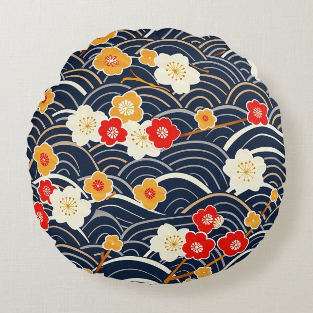 Elegant Cherry Blossom Seamless Pattern (12) Round Pillow (Front)