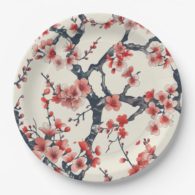 Elegant Cherry Blossom Seamless Pattern (13) Paper Plate (Front)