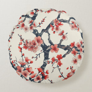 Elegant Cherry Blossom Seamless Pattern (13) Round Pillow