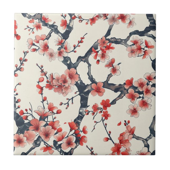 Elegant Cherry Blossom Seamless Pattern (13) Tile (Front)