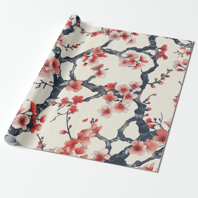 Elegant Cherry Blossom Seamless Pattern (13) Wrapping Paper (Unrolled)