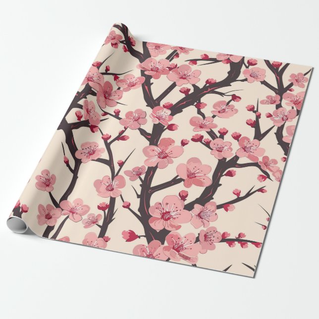 Elegant Cherry Blossom Seamless Pattern (6) Wrapping Paper (Unrolled)
