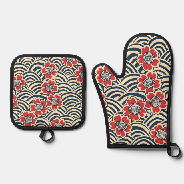 Elegant Cherry Blossom Seamless Pattern (8) Oven Mitt & Pot Holder Set (Front)