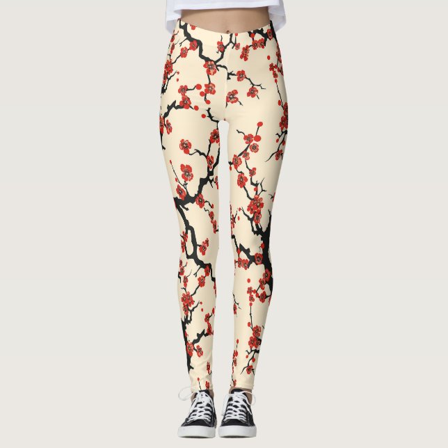 Elegant Cherry Blossom Seamless Pattern Leggings (Front)