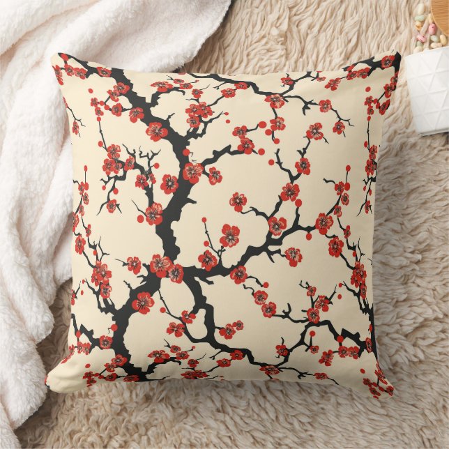 Elegant Cherry Blossom Seamless Pattern Throw Pillow (Blanket)