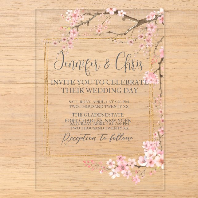 Elegant Cherry Blossom Wedding Acrylic Invitations (Front)