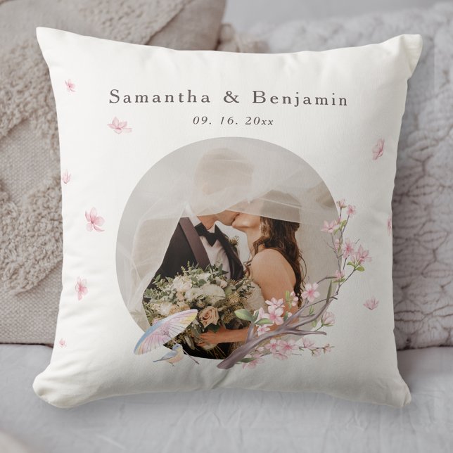 Elegant Cherry Blossom Wedding Photo Throw Pillow (Creator Uploaded)
