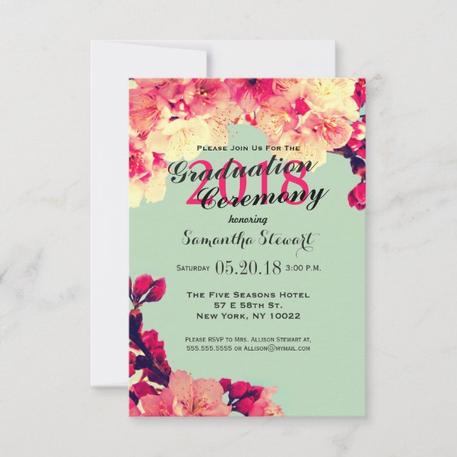Elegant Cherry Blossoms on Rustic Teal Invitation (Front)