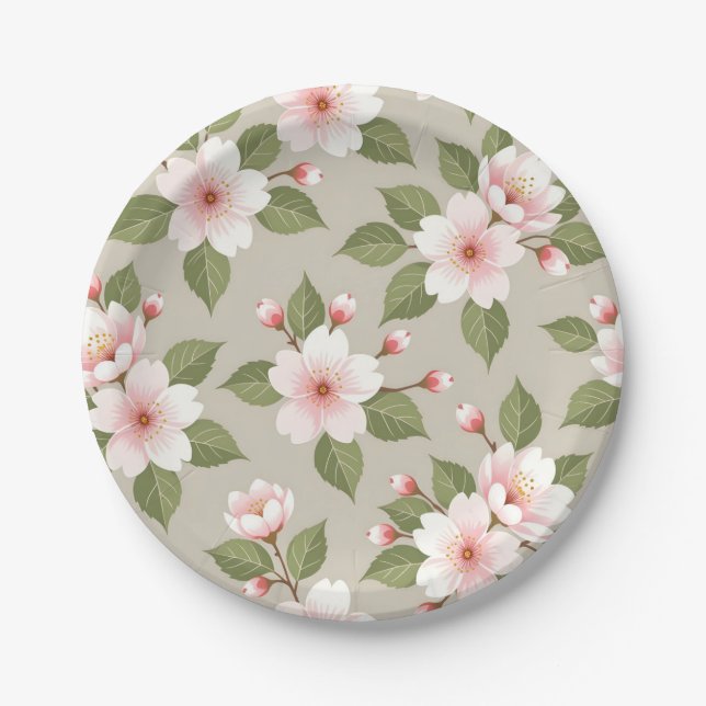 Elegant cherry blossoms seamless pattern paper plate (Front)