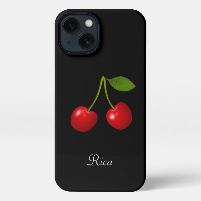 Elegant Cherry Fruits & Name on Black iPhone Case (Back)