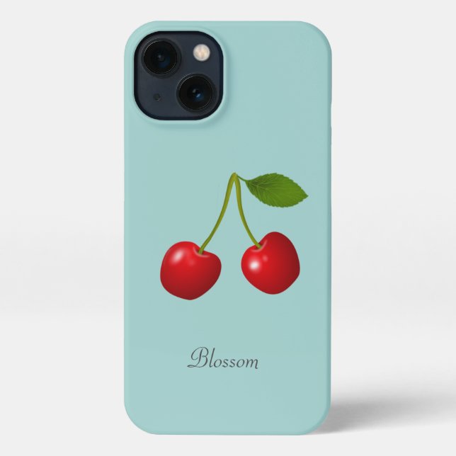 Elegant Cherry Fruits & Name on Light Blue iPhone Case (Back)
