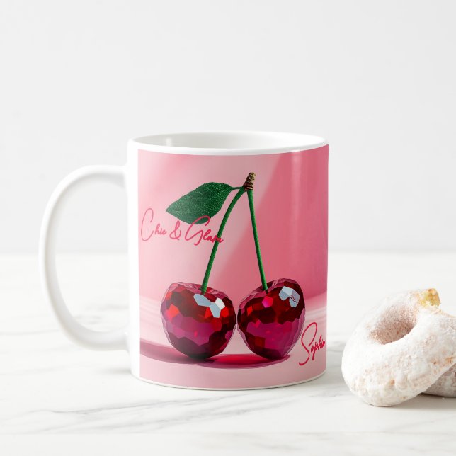 Elegant Cherry Mug – Ruby Crystal Edition (With Donut)