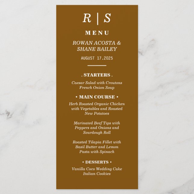 Elegant Chestnut Brown Monogram Wedding Menu Card (Front)