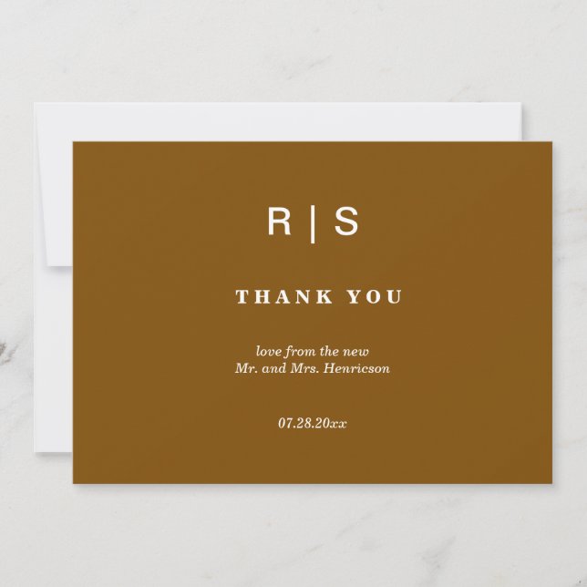Elegant Chestnut Brown Monogram Wedding Thank You  Card (Front)
