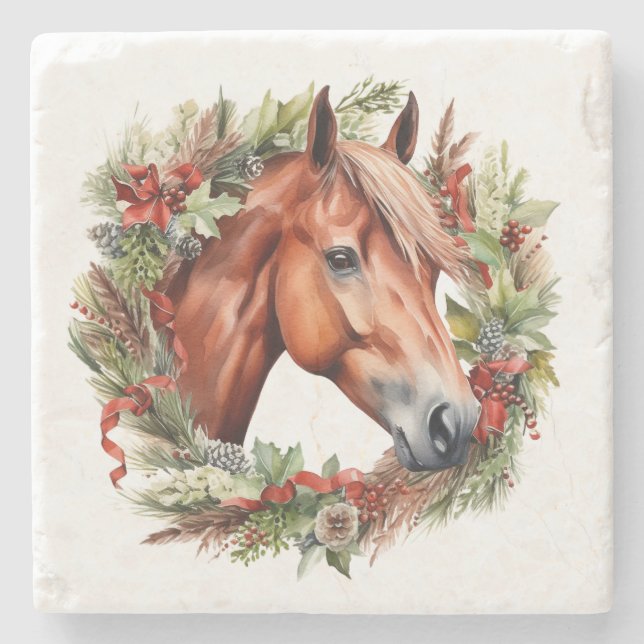Elegant Chestnut Horse Christmas Holiday Wreath  Stone Coaster (Front)