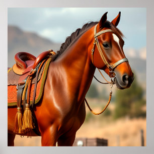 Elegant Chestnut Horse in Saddle Poster