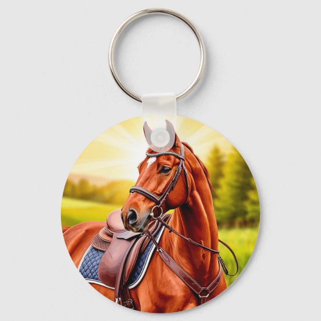 Elegant Chestnut Horse with Saddle Keychain (Front)