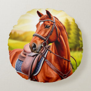 Elegant Chestnut Horse with Saddle Round Pillow