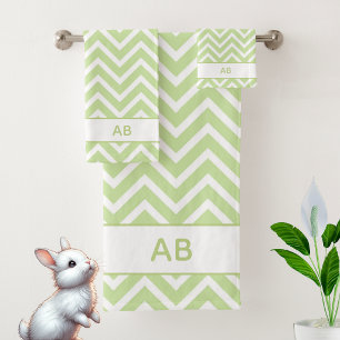 Elegant Chevron Pattern & Monogram on Sage Green Bath Towel Set