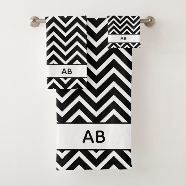 Elegant Chevron Pattern on Black White Monogrammed Bath Towel Set (Insitu)