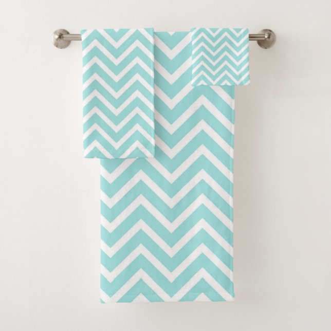 Elegant Chevron Pattern on Turquoise and White Bath Towel Set (Insitu)