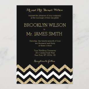 Elegant Chevron Wedding Invites Black Gold White