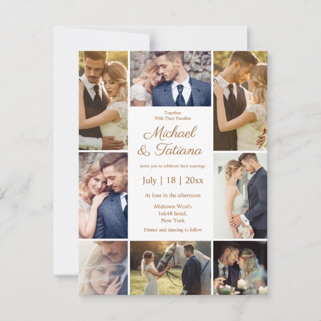 elegant chic 8 photos collage brown wedding  invitation (Front)