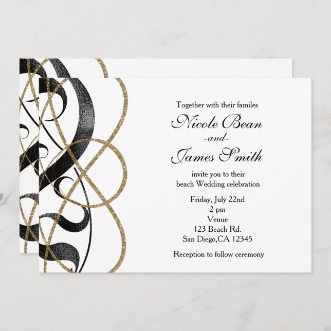 Elegant Chic Art Black & Gold Wedding Invitations (Front/Back)