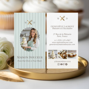 Elegant Chic Bakery Stripes & Gold Whisk Photo Business Card