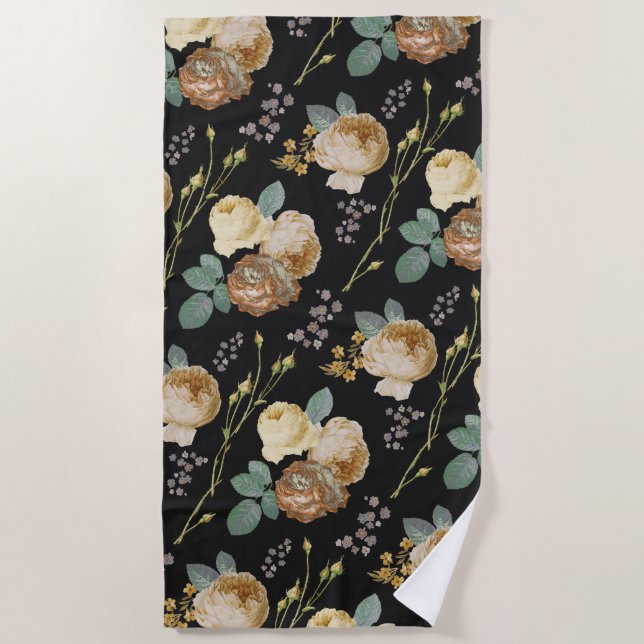 Elegant Chic Beige Roses Floral on Black Beach Towel (Front)