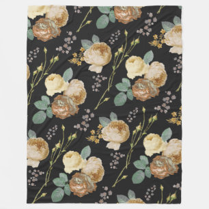 Elegant Chic Beige Roses Floral on Black  Fleece Blanket