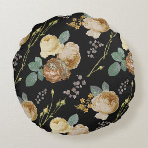 Elegant Chic Beige Roses Floral on Black Round Pillow