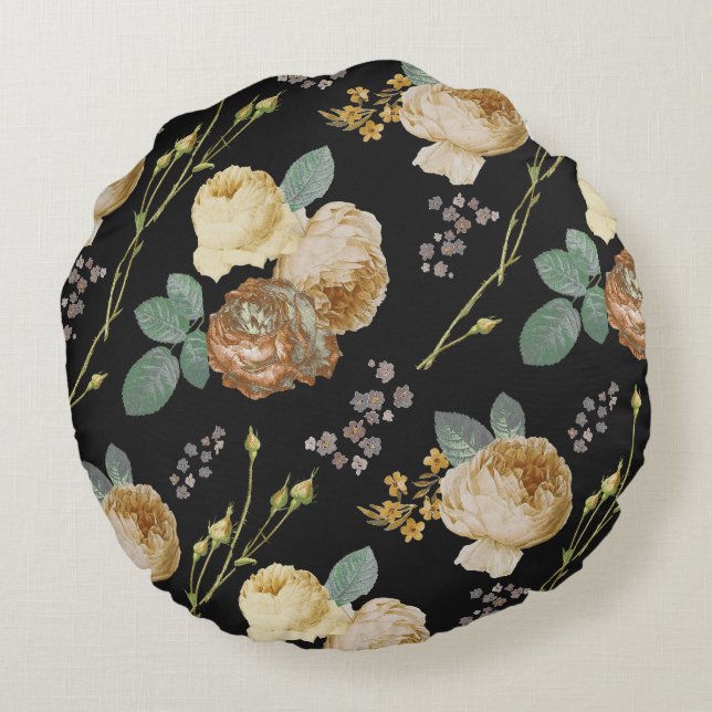 Elegant Chic Beige Roses Floral on Black Round Pillow (Back)
