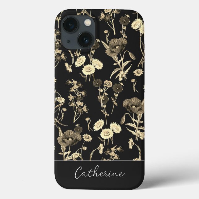 Elegant Chic Beige Wildflowers Name on Black Case-Mate iPhone Case (Back)
