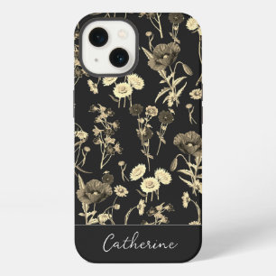 Elegant Chic Beige Wildflowers Name on Black iPhone 13 Case