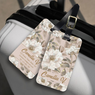 Elegant Chic Big Camellia Flower Pink Gold Custom  Luggage Tag