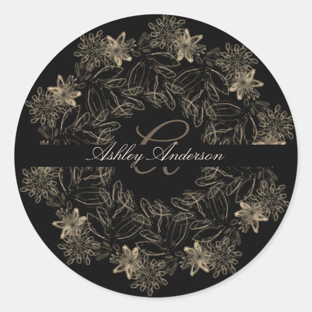 Elegant Chic Black and Gold Floral Script Monogram Classic Round Sticker (Front)
