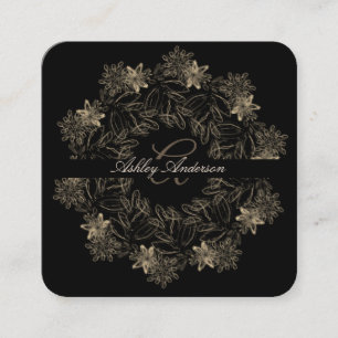 Elegant Chic Black and Gold Floral Script Monogram Square Business Card