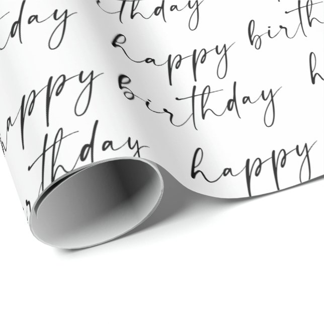 Elegant Chic Black and White Script Happy Birthday Wrapping Paper (Roll Corner)