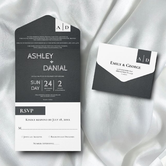 Elegant Chic Black And White Script Modern Wedding All In One Invitation (Creator Uploaded)