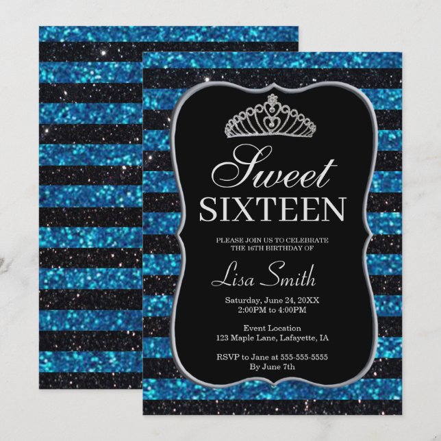 Elegant Chic Black Blue Glitter Tiara Sweet 16 Invitation (Front/Back)