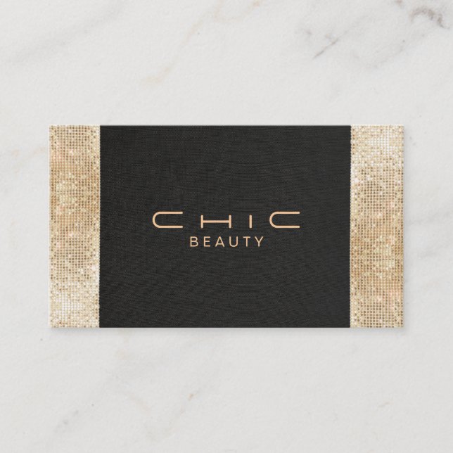 Elegant Chic Black Faux Gold Sequin Beauty Business Card (Front)