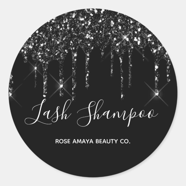 Elegant Chic Black Glitter Drips Script Lash Label (Front)