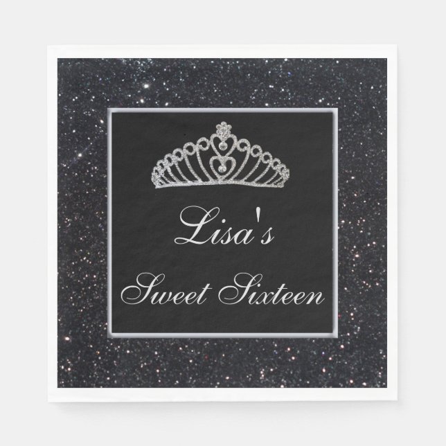 Elegant Chic Black Glitter Tiara Sweet 16 Napkin (Front)