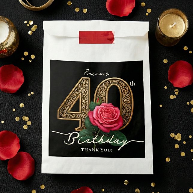 Elegant Chic Black Gold 40th Birthday Red Rose Favour Bag (Creator Uploaded)