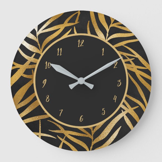 Elegant Chic Black Gold Glitter Leaves Design Large Clock (Front)