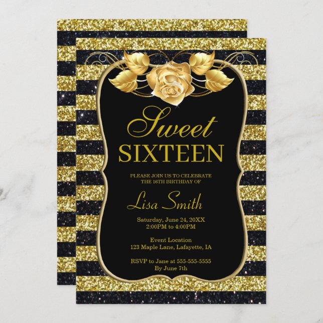 Elegant Chic Black Gold Glitter Rose Sweet 16 Invitation (Front/Back)