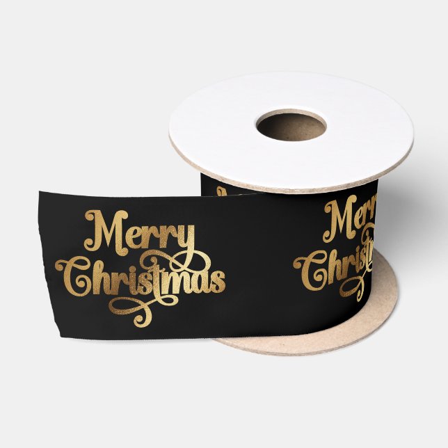 Elegant Chic Black Gold Merry Christmas Wrapping Satin Ribbon (Spool)