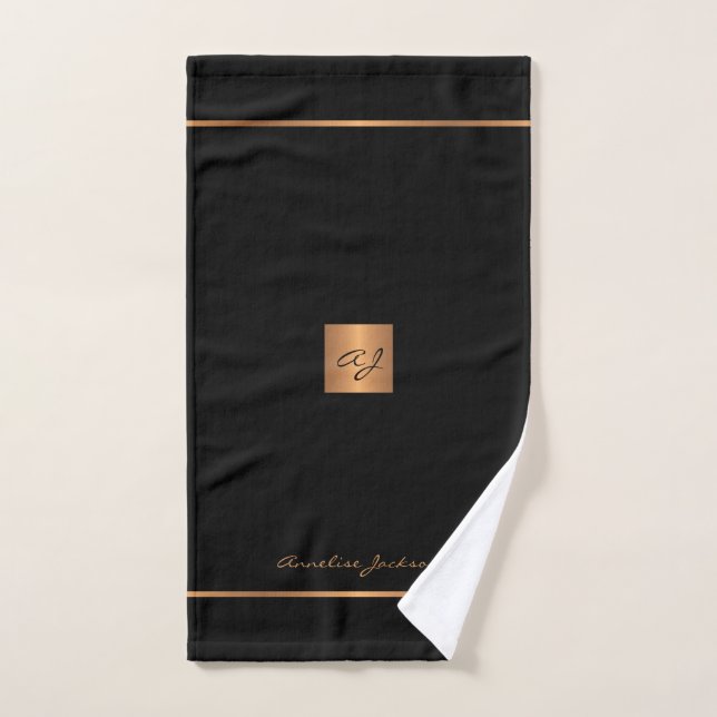 Elegant chic black gold modern monogrammed stripes hand towel (Hand Towel)